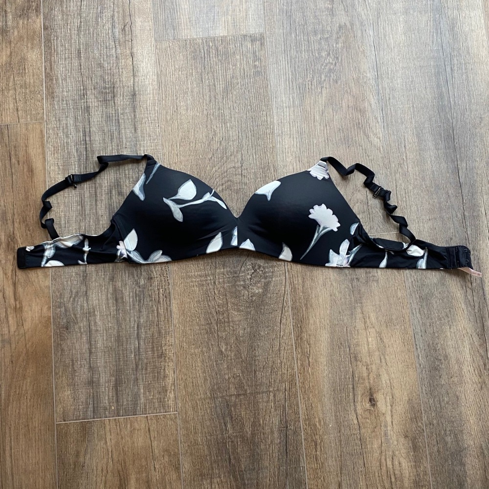 Auden Black White Floral Lightly Lined T-Shirt Bra 36C Convertible J-Hook
